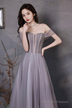 A-Line Tulle Long Prom Dress With Beaded, Purple Evening Graduation Dress