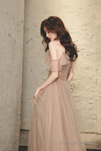 A-Line Tulle Long Prom Dress With Beaded, V-Neck Spaghetti Straps Evening Dress