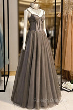 A Line Tulle Long Prom Dress with Beading, Cute Prom Prom Dress