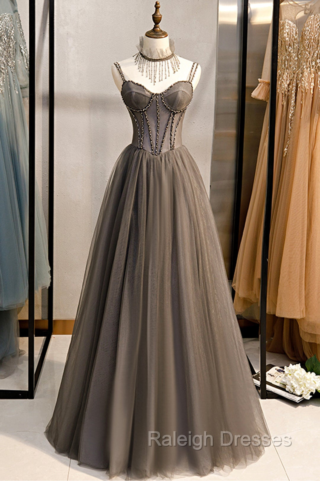 A-Line Tulle Long Prom Dress with Beading, Cute Evening Party Dress Main image