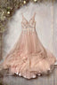 A Line Tulle Long Prom Dress with Lace, V Neck Floor Length Formal Dress
