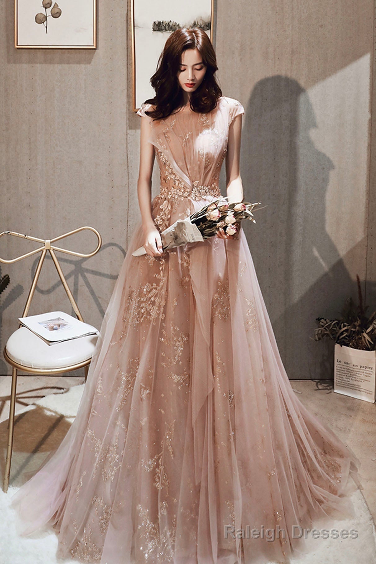 A-Line Tulle Long Prom Dress With Sequins, Cute Evening Party Dress Main image