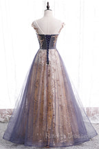 A-Line Tulle Long Prom Dress with Sequins, Cute Scoop Neckline Evening Dress