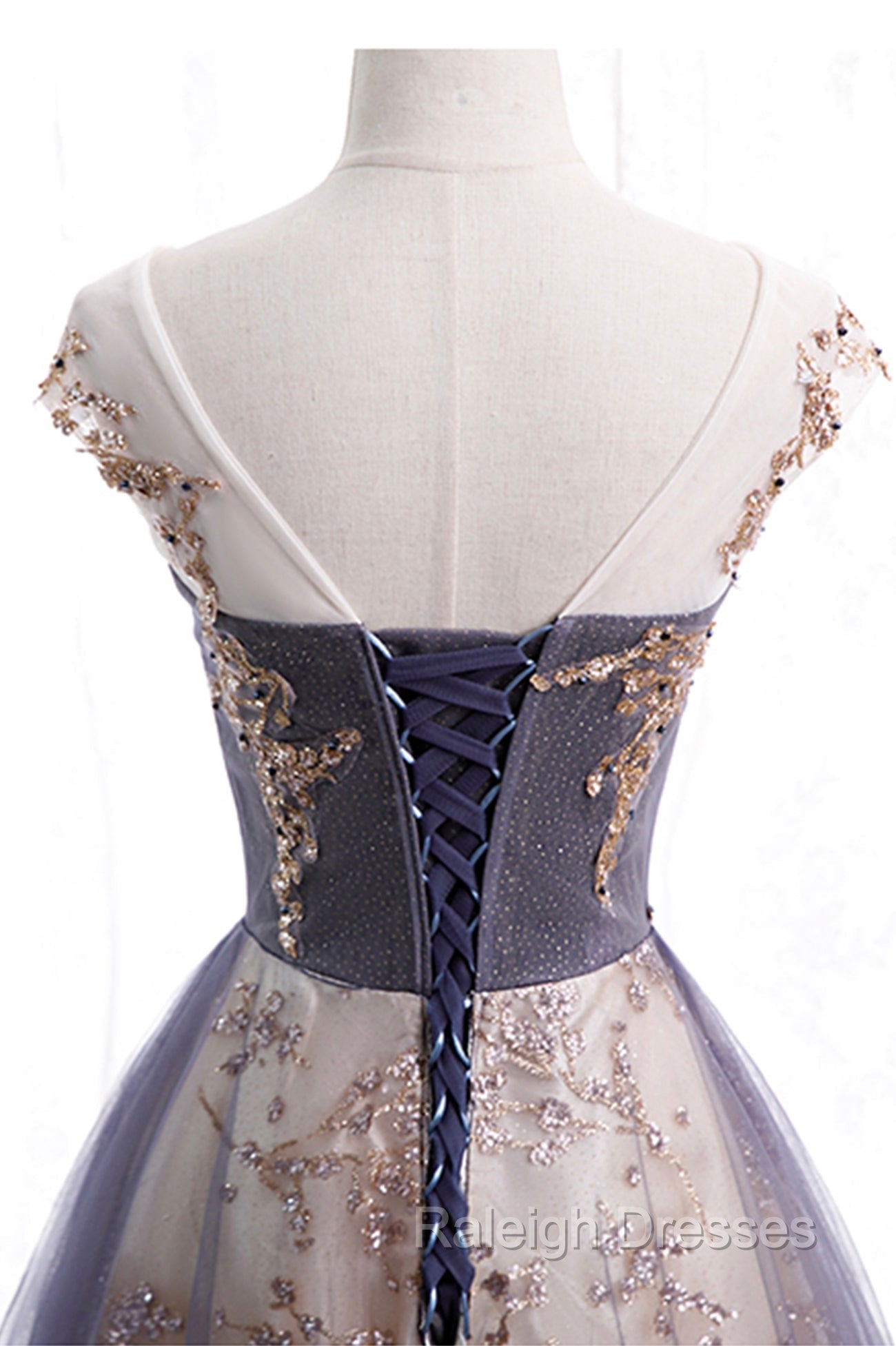 A Line Tulle Long Prom Dress with Sequins, Cute Scoop Neckline Prom Dress