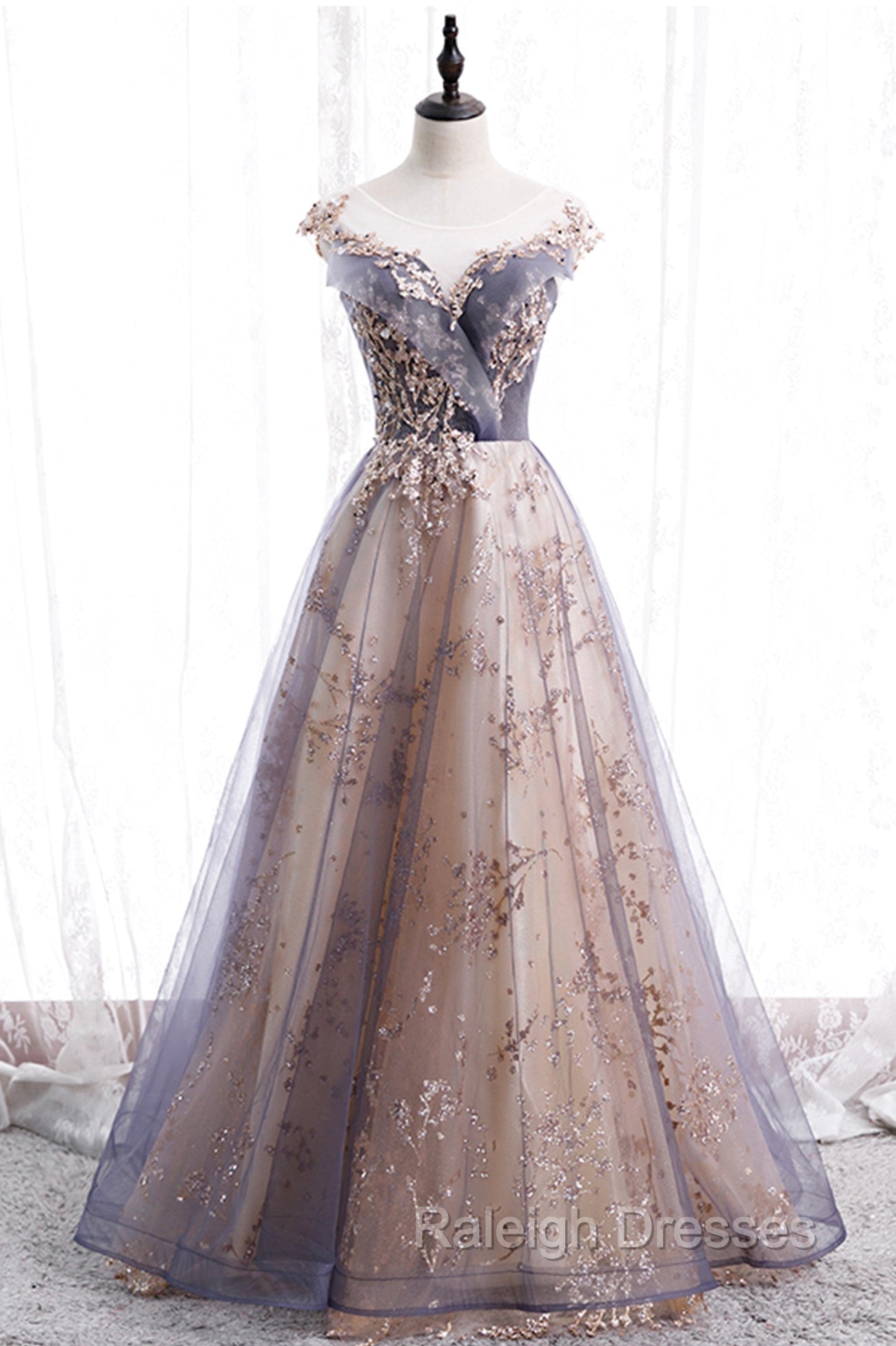 A Line Tulle Long Prom Dress with Sequins, Cute Scoop Neckline Prom Dress Main image