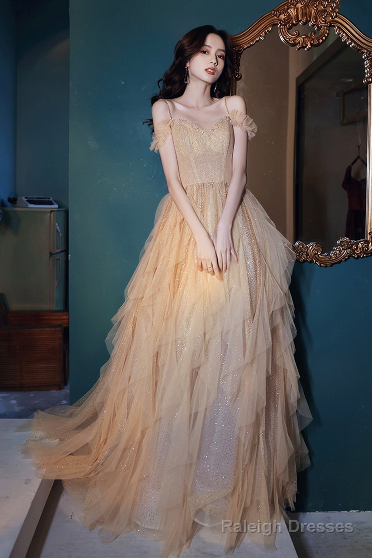 A-Line Tulle Long Prom Dress With Sequins, Spaghetti Straps Evening Dress Main image