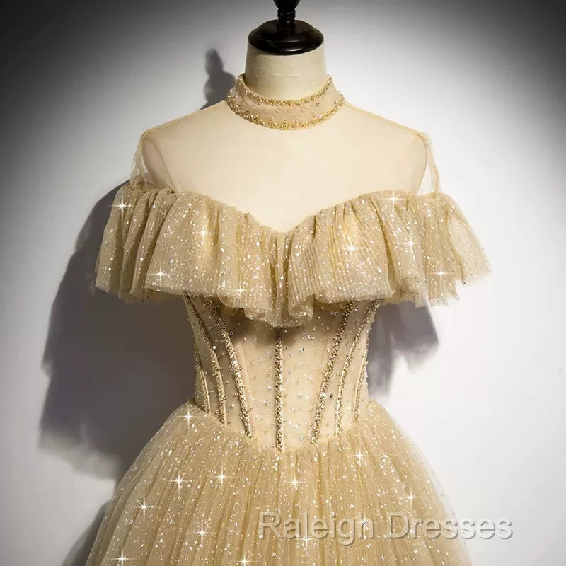 A Line Tulle Long Prom Dresses