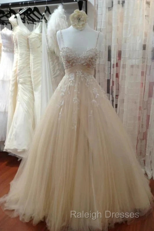 A Line Tulle Long Prom Straps Sweetheart Lace Appliques Wedding Dresses