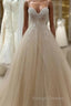A Line Tulle Long Prom Straps Sweetheart Lace Appliques Wedding Dresses