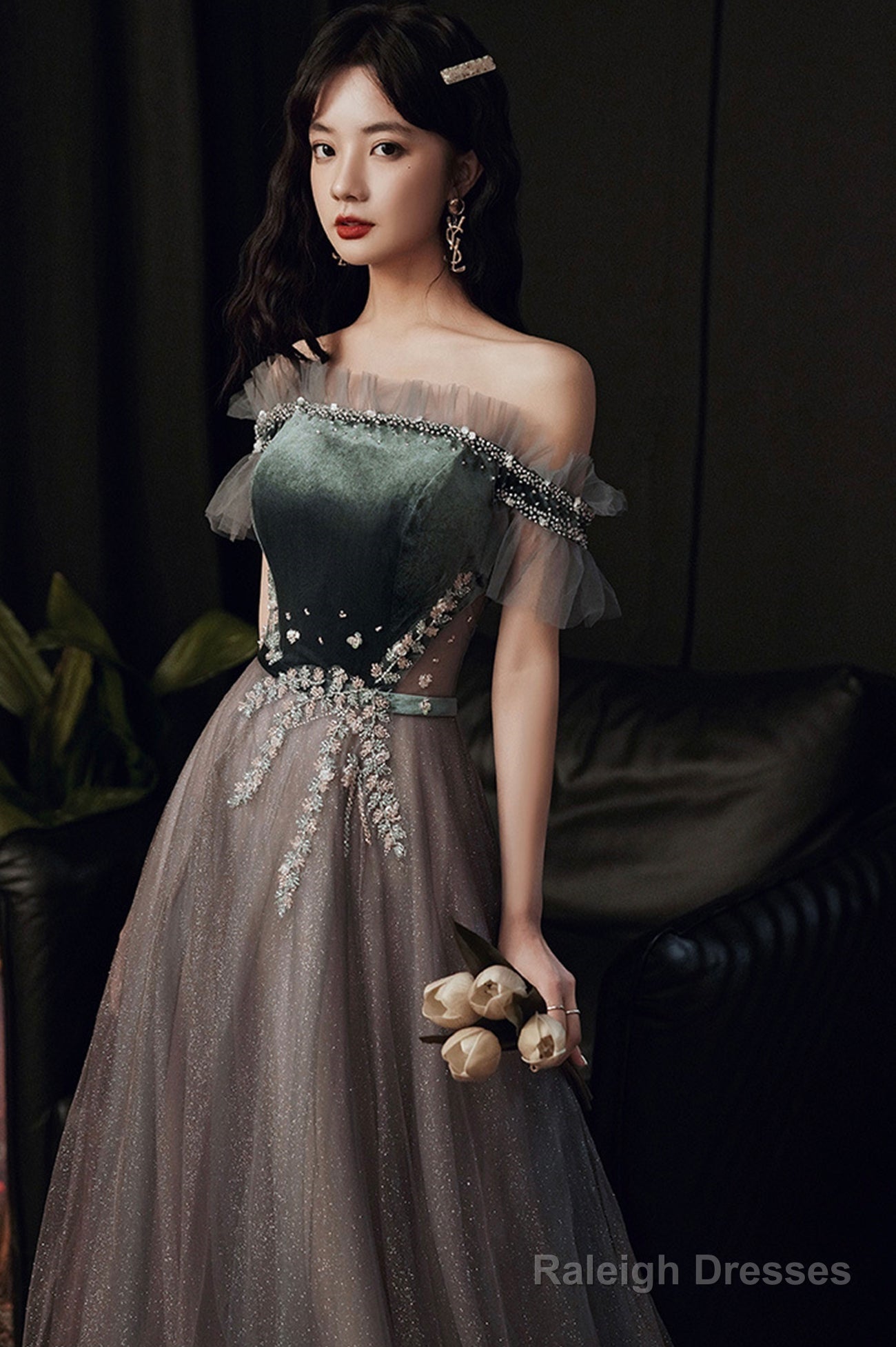A-Line Tulle Off The Shoulder Prom Dresses, Gray Evening Dresses