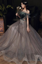A-Line Tulle Off The Shoulder Prom Dresses, Gray Evening Dresses