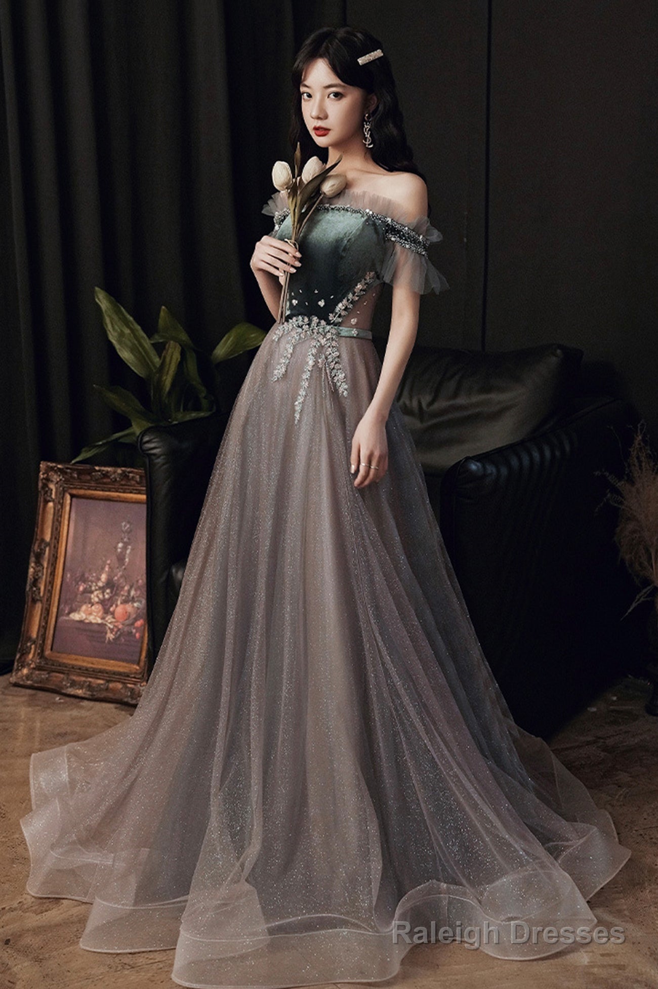 A-Line Tulle Off The Shoulder Prom Dresses, Gray Evening Dresses Main image