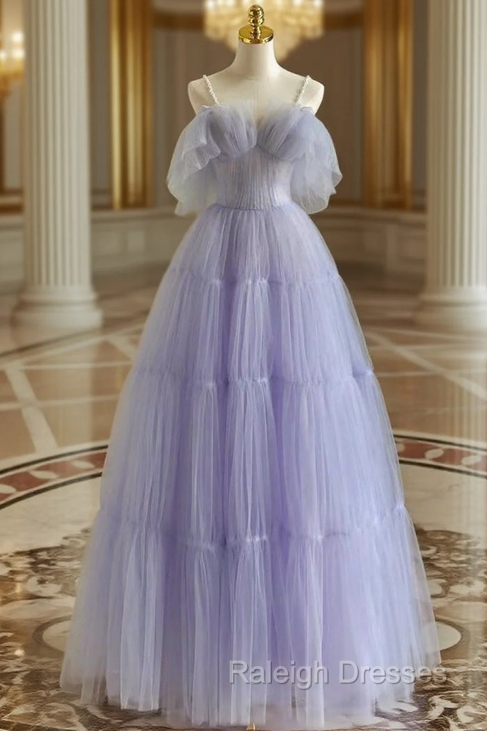 A-Line Tulle Purple Long Prom Dress, Purple Long Graduation Dress Main image
