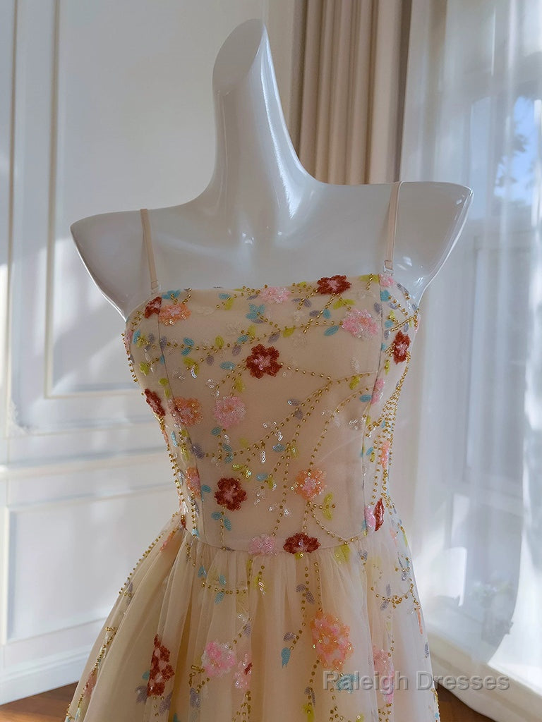 A-Line Tulle Sequin Beads Champagne Tea Length Prom Dress, Champagne Homecoming Dress Secondary image