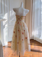 A-Line Tulle Sequin Beads Champagne Tea Length Prom Dress, Champagne Homecoming Dress