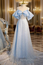 A-Line Tulle Sequin Blue Long Prom Dress, Blue Long Formal Dress