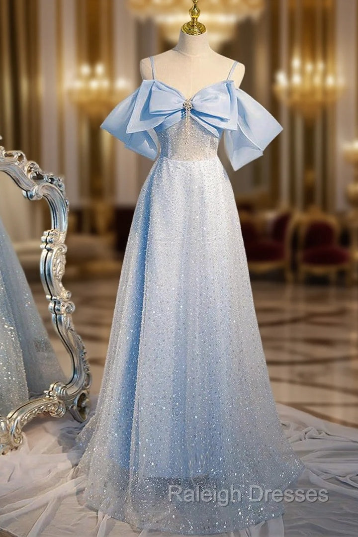 A-Line Tulle Sequin Blue Long Prom Dress, Blue Long Formal Dress