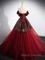 A-Line Tulle Sequin Burgundy Long Prom Dress, Off Shoulder Burgundy Formal Dress