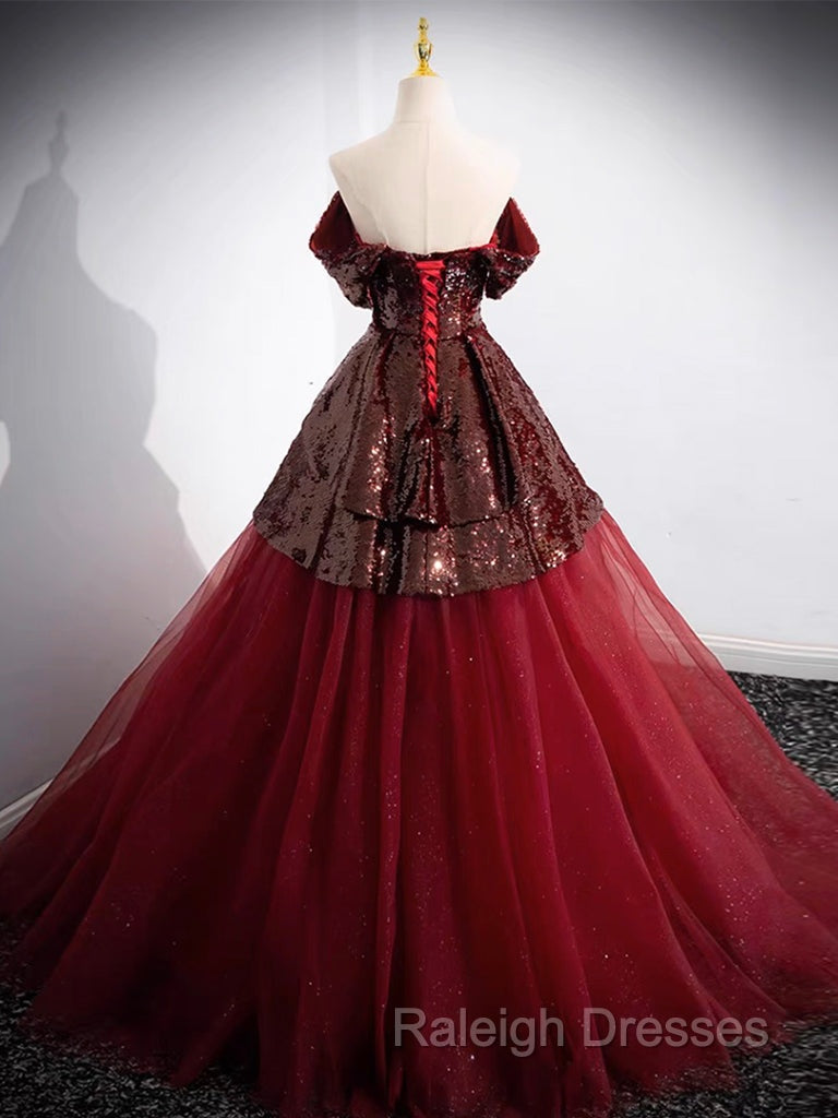 A-Line Tulle Sequin Burgundy Long Prom Dress, Off Shoulder Burgundy Formal Dress