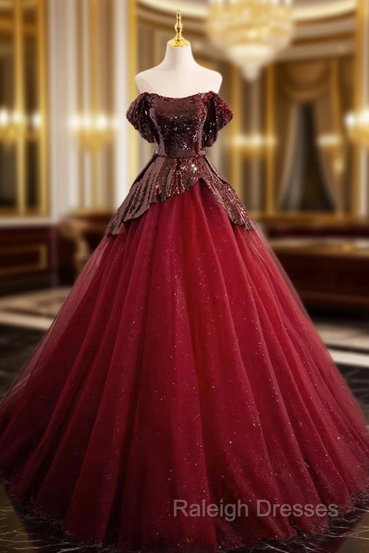 A-Line Tulle Sequin Burgundy Long Prom Dress, Off Shoulder Burgundy Formal Dress Main image