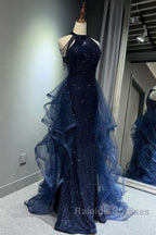 A-Line Tulle Sequin Dark Blue Long Prom Dress, Dark Blue Long Formal Dress