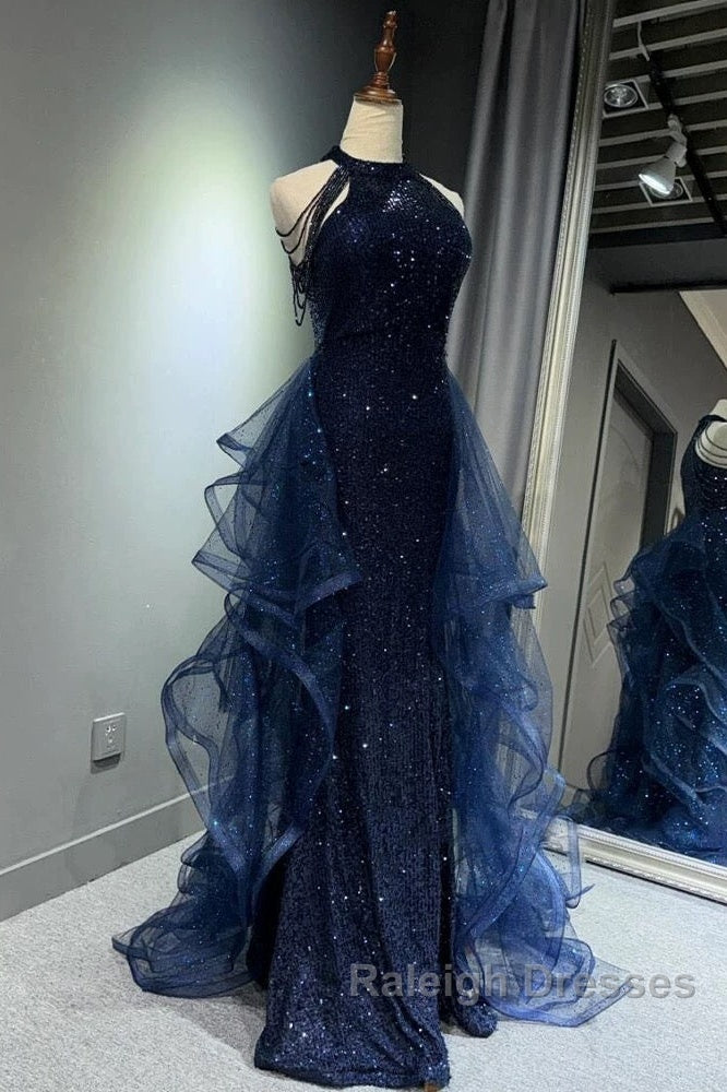 A-Line Tulle Sequin Dark Blue Long Prom Dress, Dark Blue Long Formal Dress