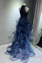 A-Line Tulle Sequin Dark Blue Long Prom Dress, Dark Blue Long Formal Dress