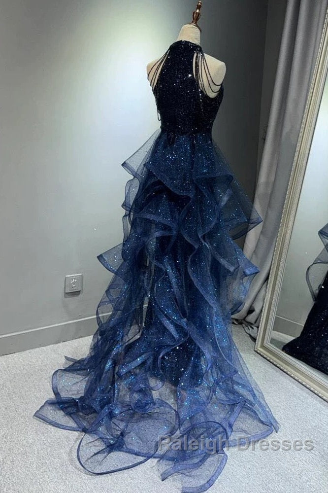 A-Line Tulle Sequin Dark Blue Long Prom Dress, Dark Blue Long Formal Dress