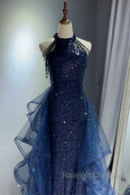 A-Line Tulle Sequin Dark Blue Long Prom Dress, Dark Blue Long Formal Dress