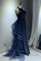A-Line Tulle Sequin Dark Blue Long Prom Dress, Dark Blue Long Formal Dress