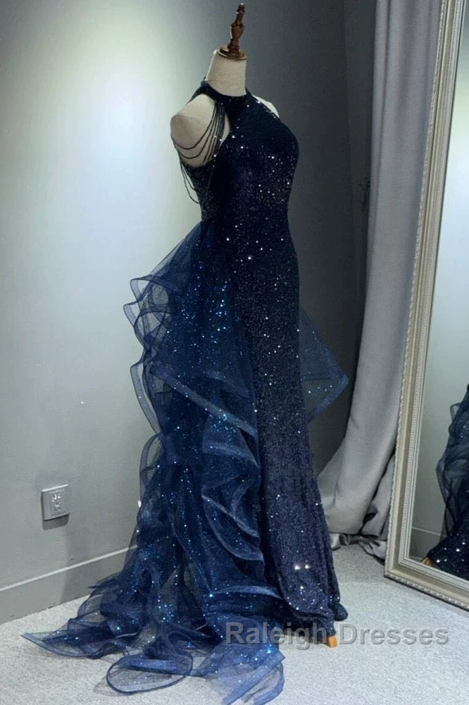 A-Line Tulle Sequin Dark Blue Long Prom Dress, Dark Blue Long Formal Dress