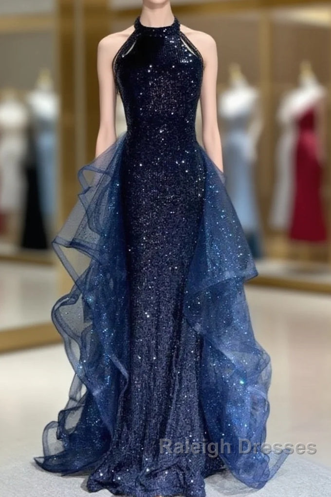 A-Line Tulle Sequin Dark Blue Long Prom Dress, Dark Blue Long Formal Dress Main image