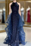 A-Line Tulle Sequin Dark Blue Long Prom Dress, Dark Blue Long Formal Dress