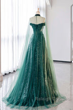 A-Line Tulle Sequin Green Long Prom Dress, Green Formal Evening  Dress