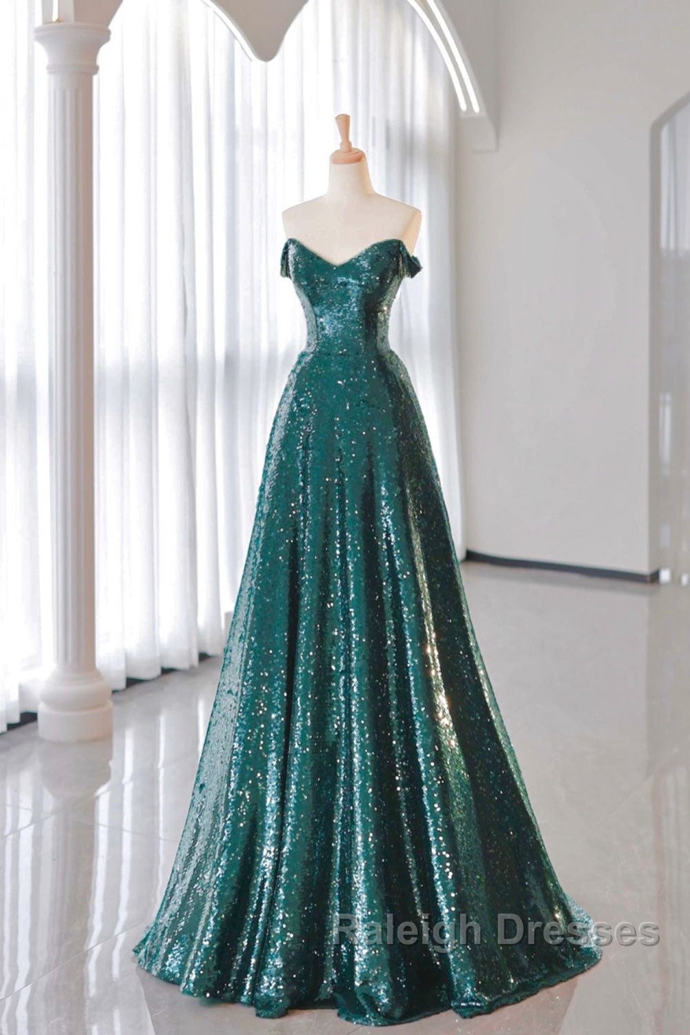 A-Line Tulle Sequin Green Long Prom Dress, Green Formal Evening  Dress