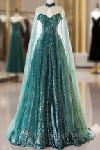 A-Line Tulle Sequin Green Long Prom Dress, Green Formal Evening  Dress