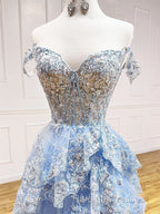 A-Line Tulle Sequin Lace Blue Long Prom Dresses Blue Long Prom Dresses