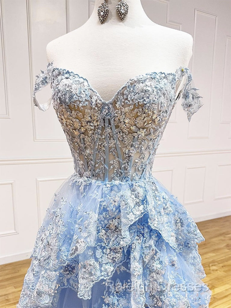 A-Line Tulle Sequin Lace Blue Long Prom Dresses Blue Long Prom Dresses