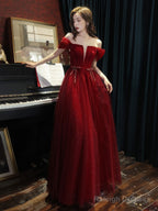 A Line Tulle Sequin Long Prom Dress Burgundy Tulle Formal Party Dress