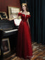 A Line Tulle Sequin Long Prom Dress Burgundy Tulle Formal Party Dress