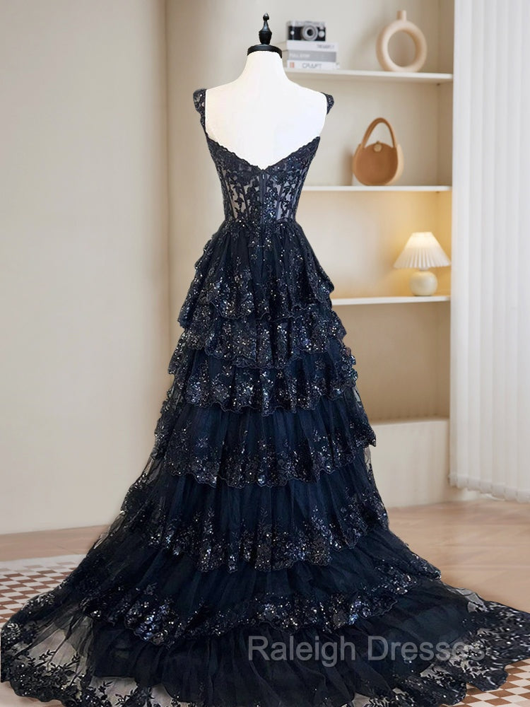 A-Line Tulle Sequin Navy Blue Long Prom Dress, Navy Blue Sequin Long Formal Dress Secondary image