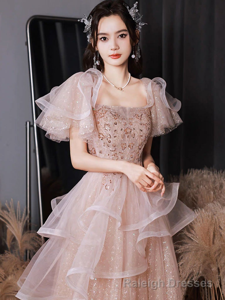 A-Line Tulle Sequin Pink Long Prom Dress, Shiny Sequin Pink Long Evening Dress
