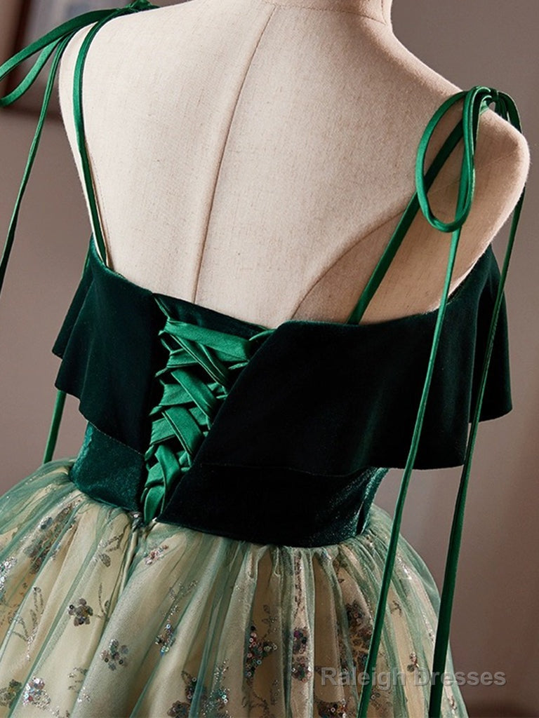 A-Line Tulle Sequin Velvet Green Short Prom Dress, Green Homecoming Dress Secondary image
