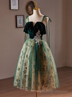 A-Line Tulle Sequin Velvet Green Short Prom Dresses Green Homecoming Dresses