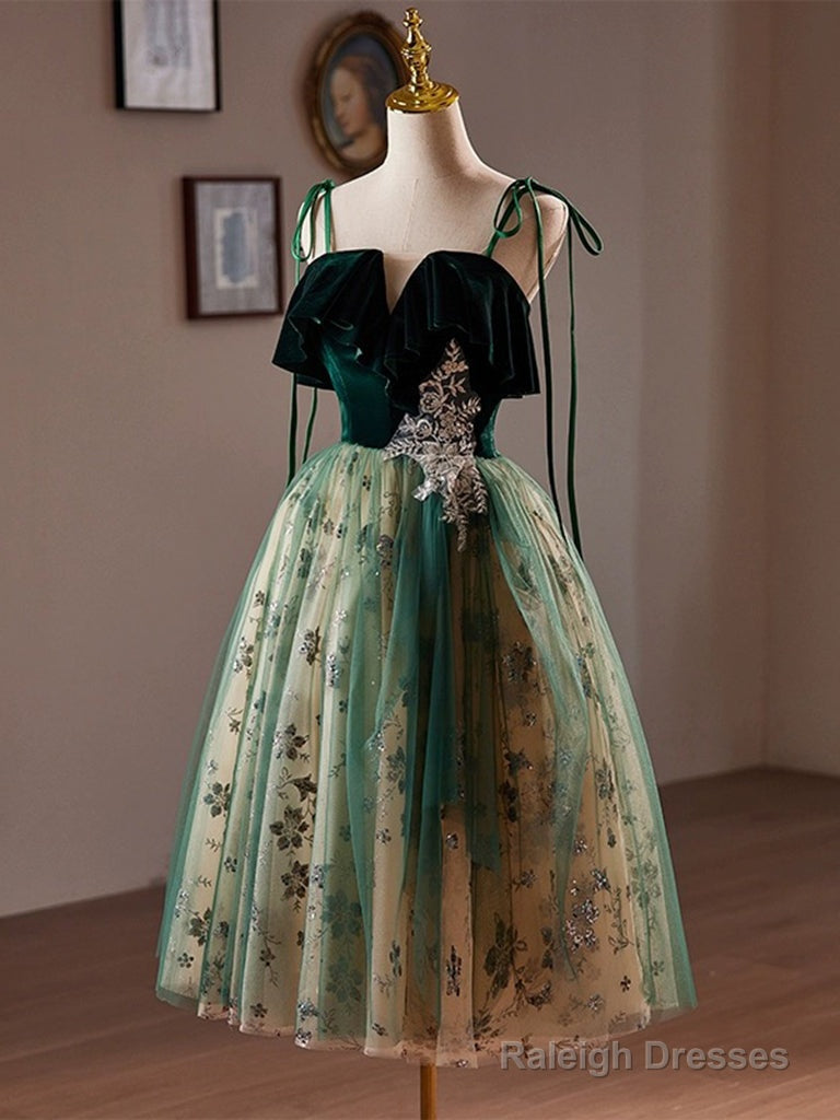 A-Line Tulle Sequin Velvet Green Short Prom Dresses Green Homecoming Dresses