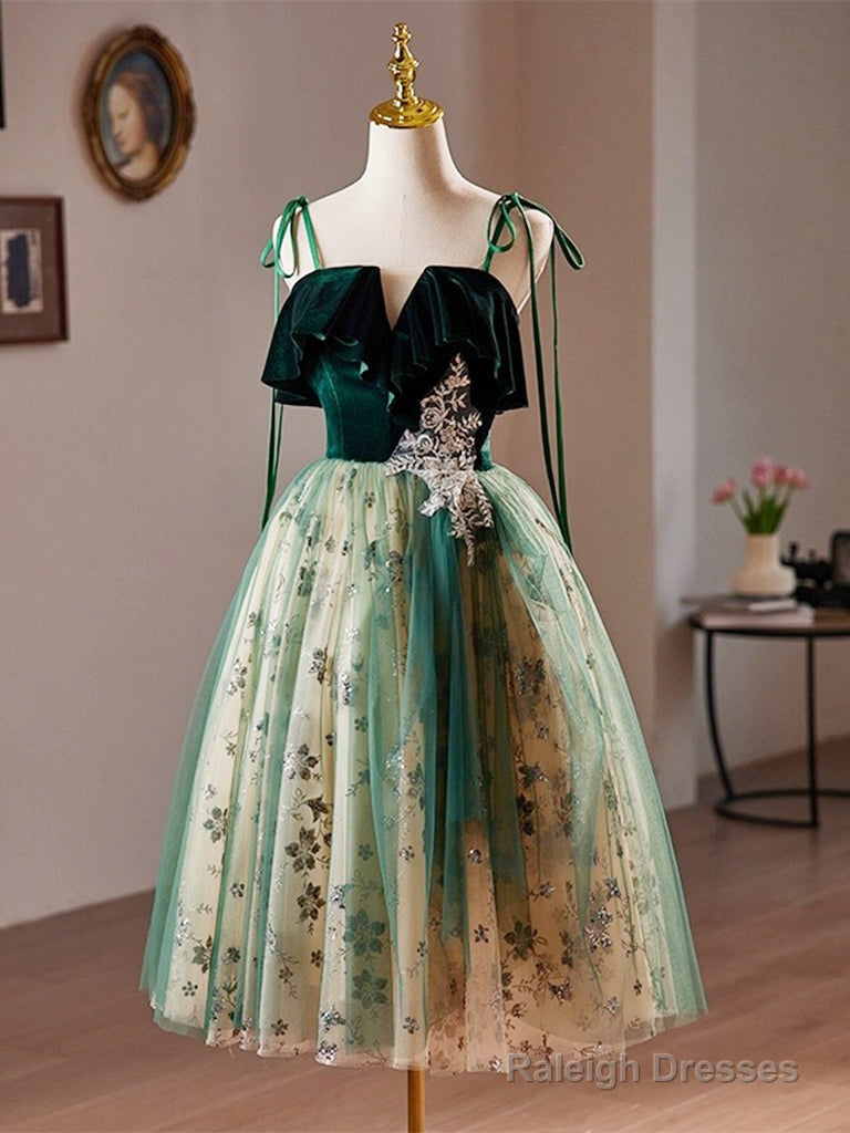 A-Line Tulle Sequin Velvet Green Short Prom Dresses Green Homecoming Dresses