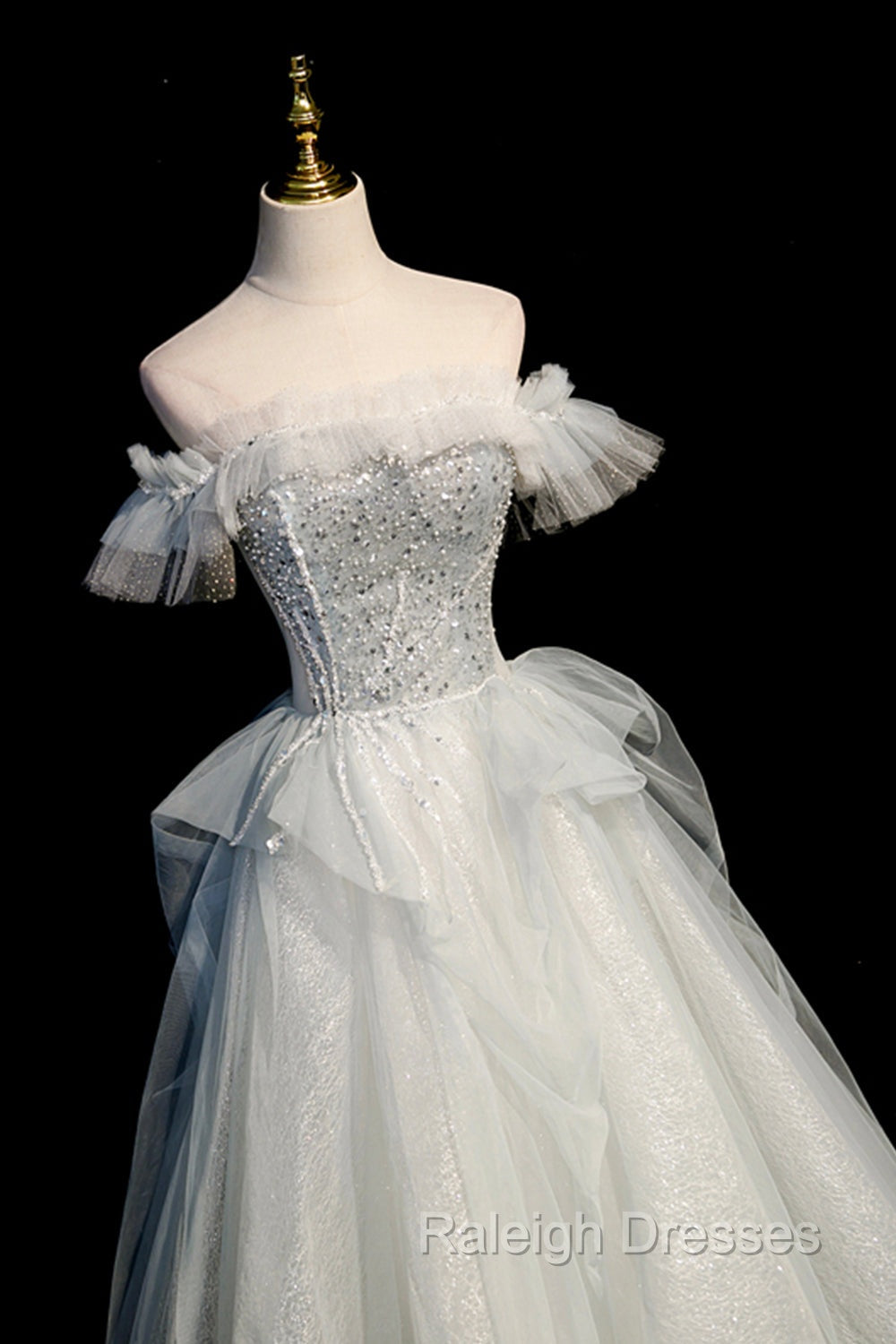 A Line Tulle Sequins Long Prom Dresses Off the Shoulder Prom Dresses Secondary image
