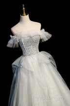 A Line Tulle Sequins Long Prom Dresses Off the Shoulder Prom Dresses