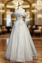 A Line Tulle Sequins Long Prom Dresses Off the Shoulder Prom Dresses