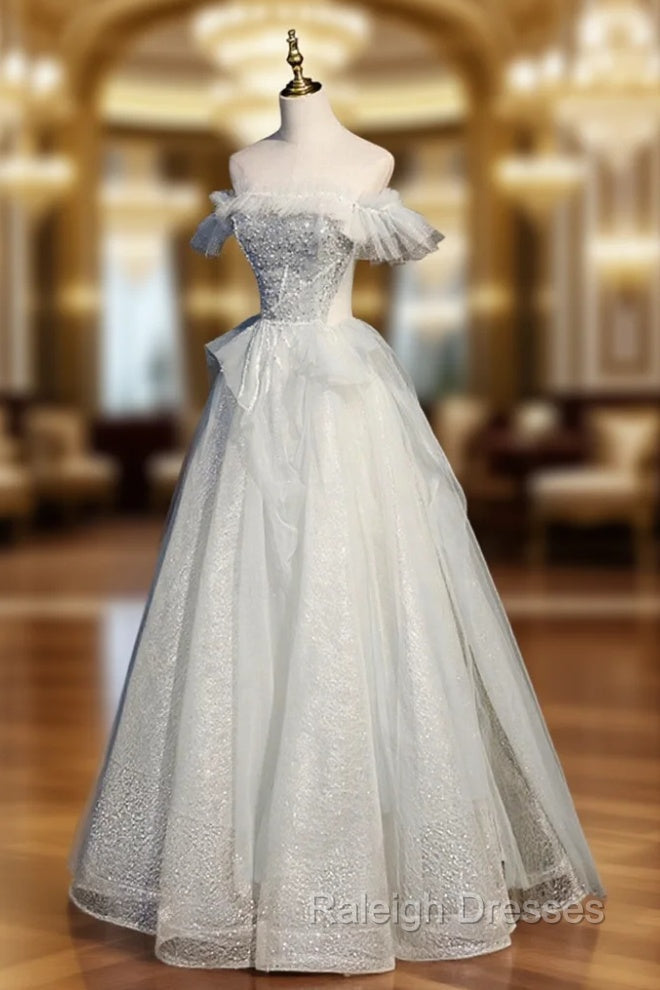A Line Tulle Sequins Long Prom Dresses Off the Shoulder Prom Dresses